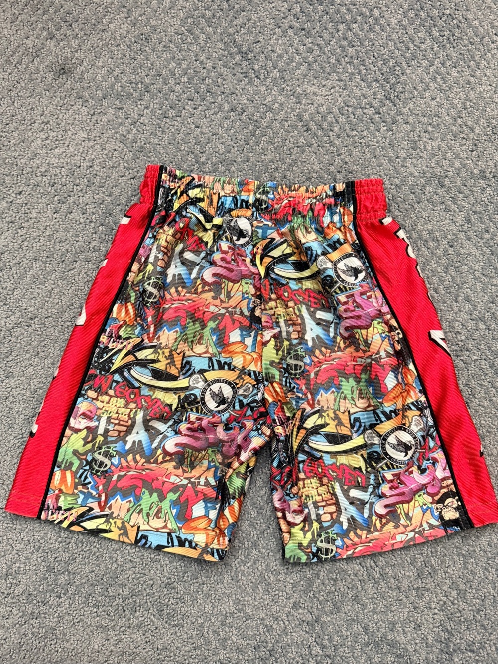 Flow Society Multicolor Graffiti-Print Kids Shorts with Red Side Panels - Picture 3 of 3